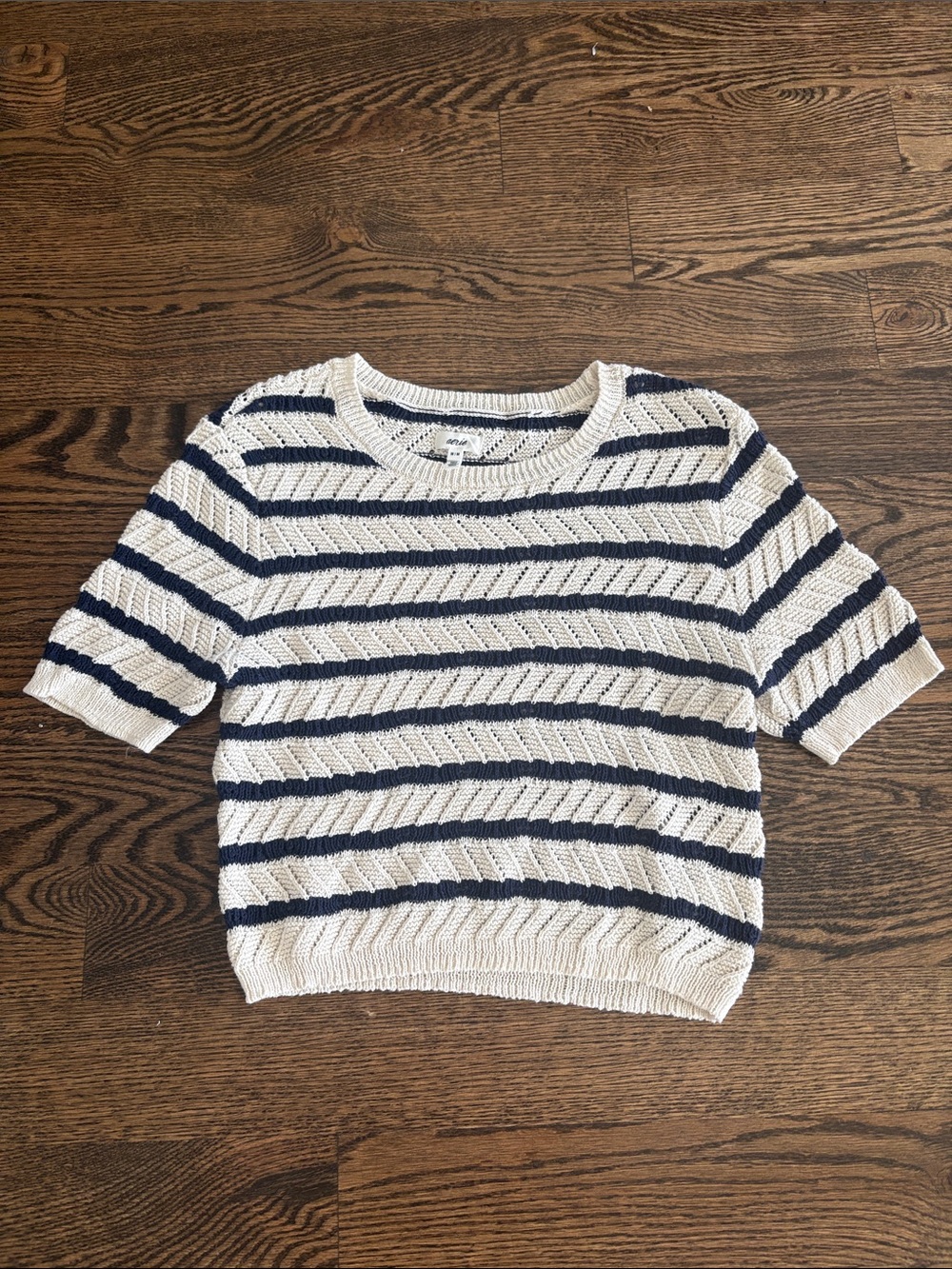 aerie Cream and Navy Striped Short-Sleeve Crew Sweater